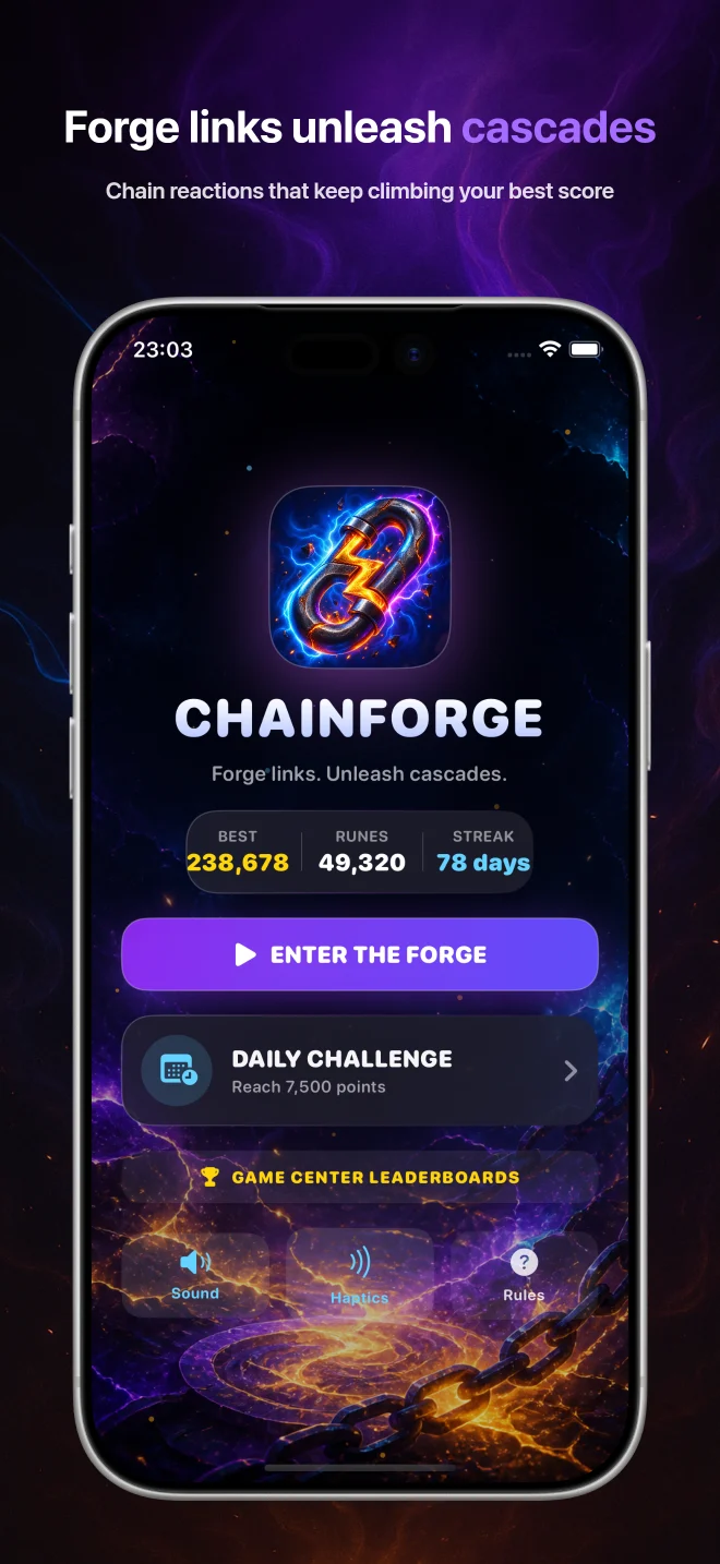 ChainForge home screen with daily challenge and Game Center